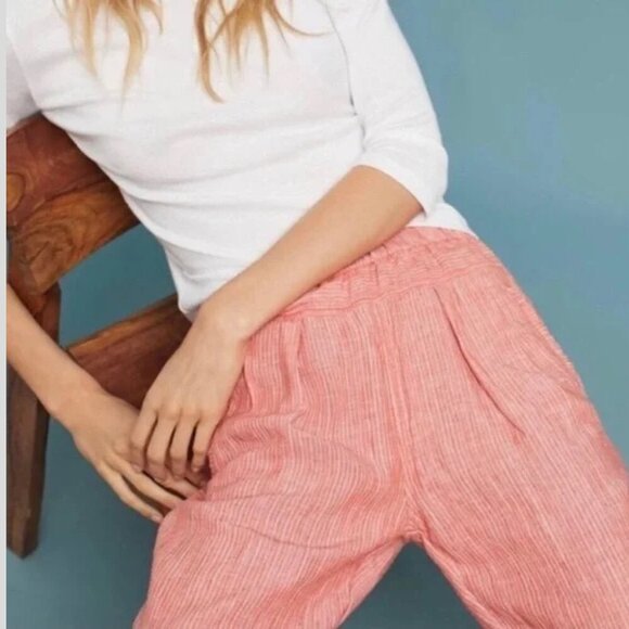 Anthropologie Coral Pink White Striped Linen Pull-On Pants 20242 - Picture 2 of 15